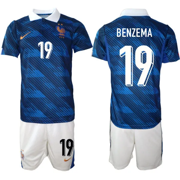 Mens France National Team #19 Karim Benzema Home Blue 2026 FIFA World Cup Soccer Jersey