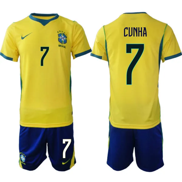Mens Brazil #7 Matheus Cunha Yellow 2026 FIFA World Cup Soccer Jersey Kit