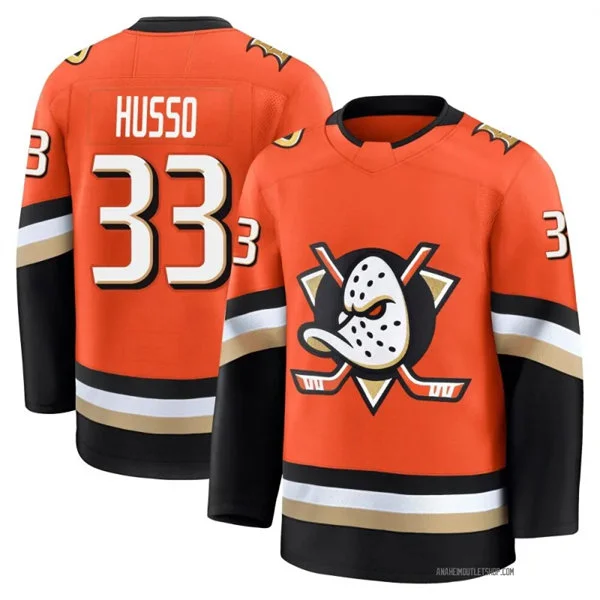 Mens Anaheim Ducks #33 Ville Husso Fanatics Orange Home Premium Jersey