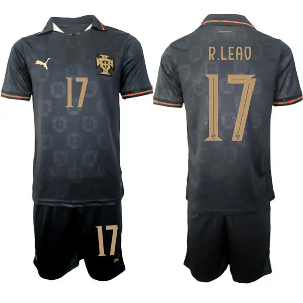 Mens Portugal National Team #17 Rafael Leao 2026 Pantera Negra Eusebio Special Edition Black Jersey Kit