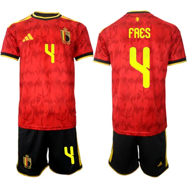 Men's Belgium National Team #4 Wout Faes Home Red 2026 FIFA World Cup Soccer Jersey Kit