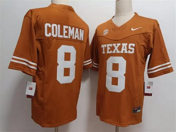 Texas Longhorns #8 Cam Coleman SEC Orange College Football Game Jersey