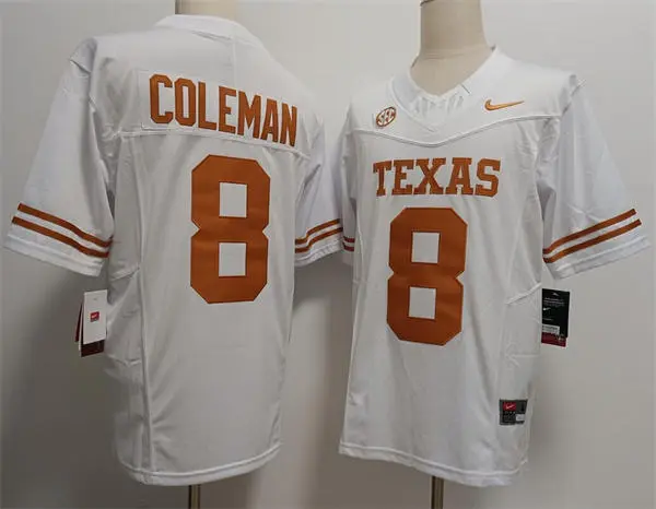 Texas Longhorns #8 Cam Coleman SEC White College Football Game Jersey