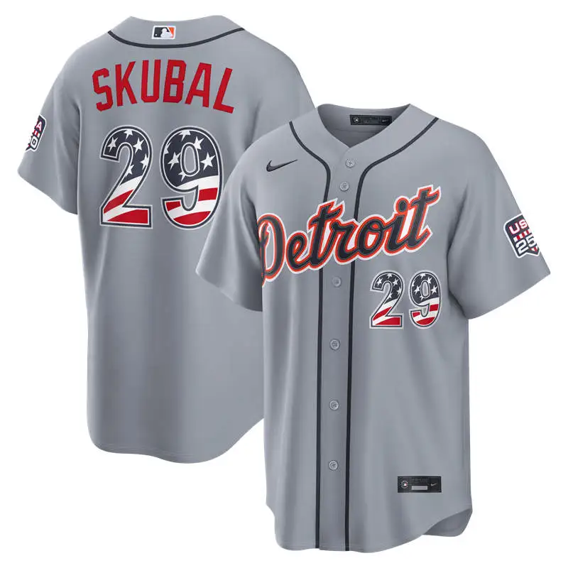 Men's Detroit Tigers #29 Tarik Skubal Nike Gray USA 250 Fourth of July Road Stadium Jersey