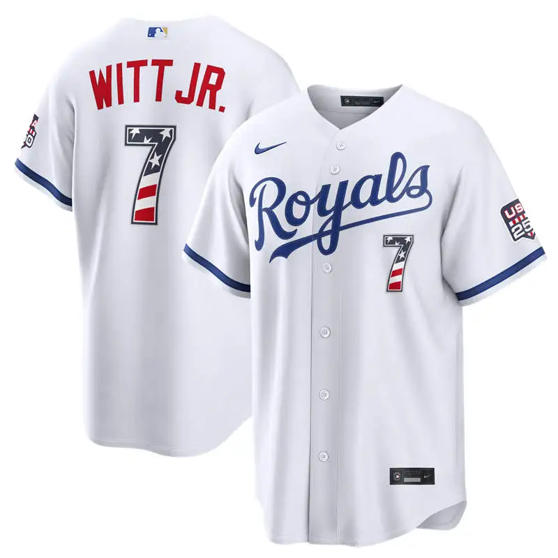 Men's Kansas City Royals #7 Bobby Witt Jr. Nike White USA 250 Fourth of July Home Stadium Jersey