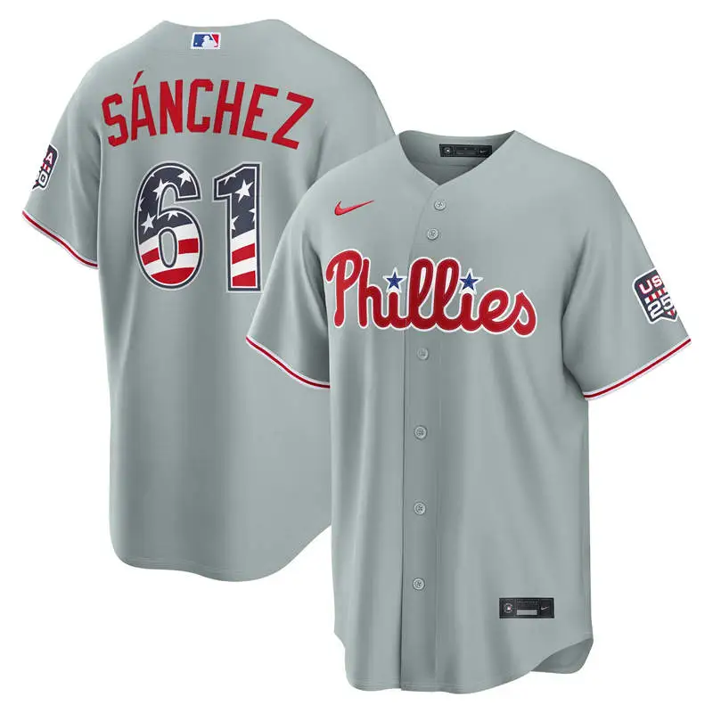 Men's Philadelphia Phillies #61 Cristopher Sanchez Nike Gray USA 250 Fourth of July Road Stadium Jersey