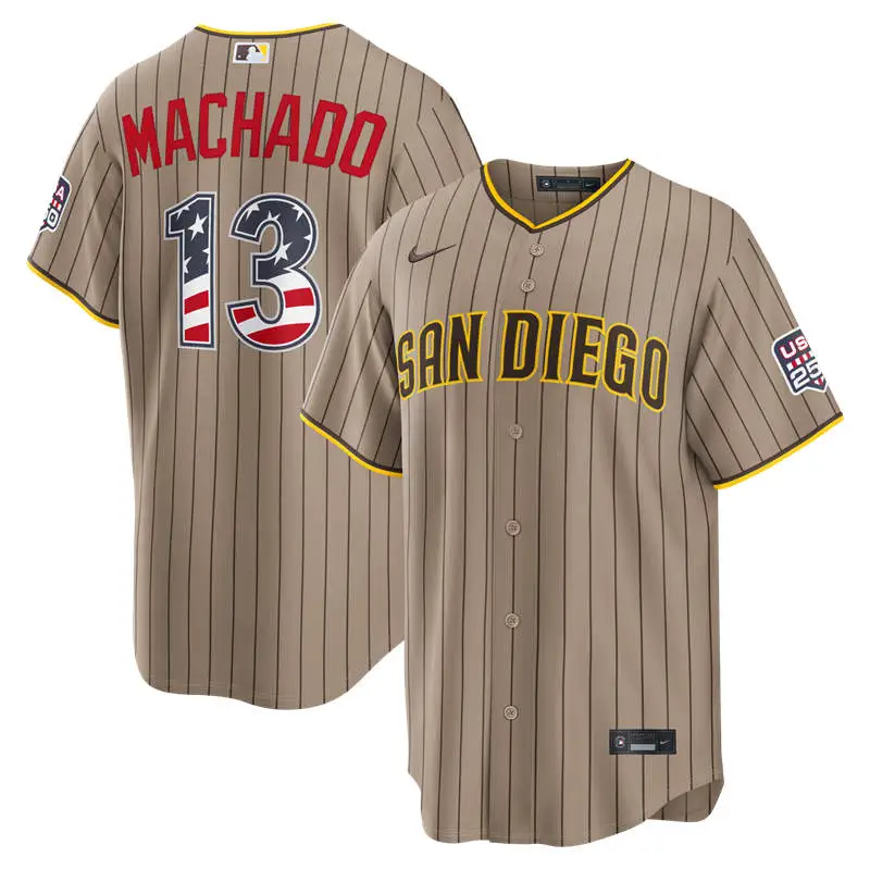 Men's San Diego Padres #13 Manny Machado Nike Sand USA 250 Fourth of July Alternate Stadium Jersey