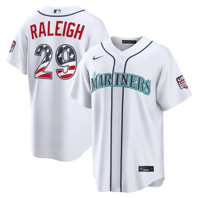 Men's Seattle Mariners #29 Cal Raleigh Nike White USA 250 Fourth of July Home Stadium Jersey