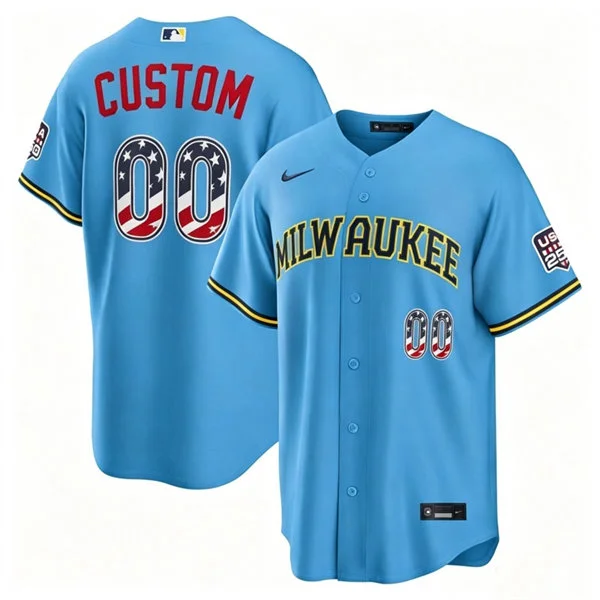 Milwaukee Brewers Custom  Nike Light Blue USA 250 Fourth of July Road Stadium Jersey