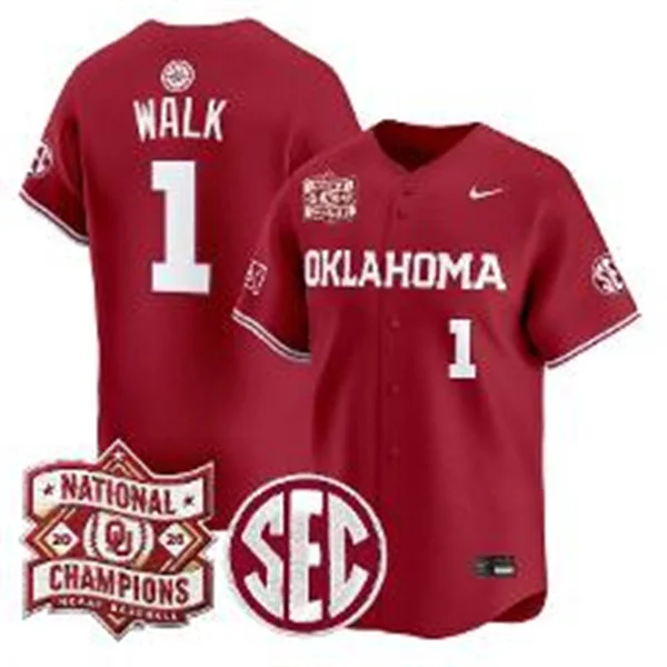 Oklahoma Sooners #1 Jason Walk Crimson 2026 NCAA Baseball Men's College World Series Champions Jersey