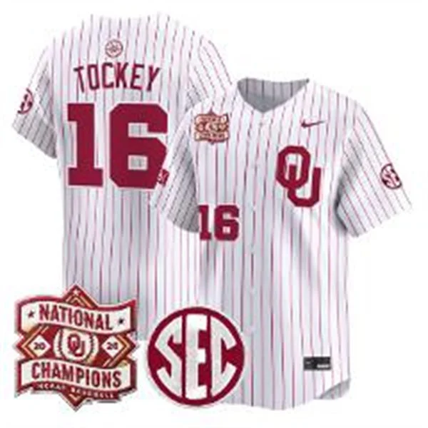 Oklahoma Sooners #16 Dayton Tockey White Pinstripe 2026 NCAA Baseball Men's College World Series Champions Jersey