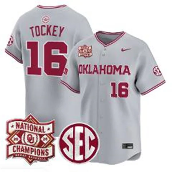 Oklahoma Sooners #16 Dayton Tockey Gray 2026 NCAA Baseball Men's College World Series Champions Jersey