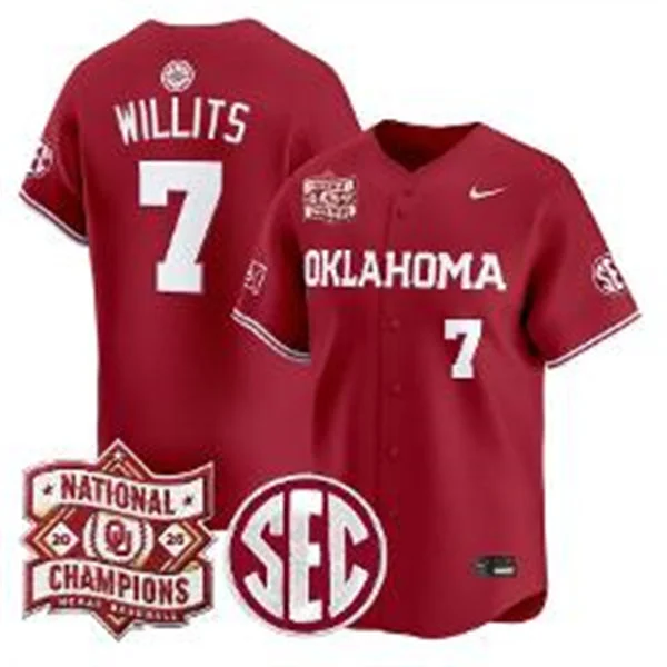 Oklahoma Sooners #7 Jaxon Willits Crimson 2026 NCAA Baseball Men's College World Series Champions Jersey