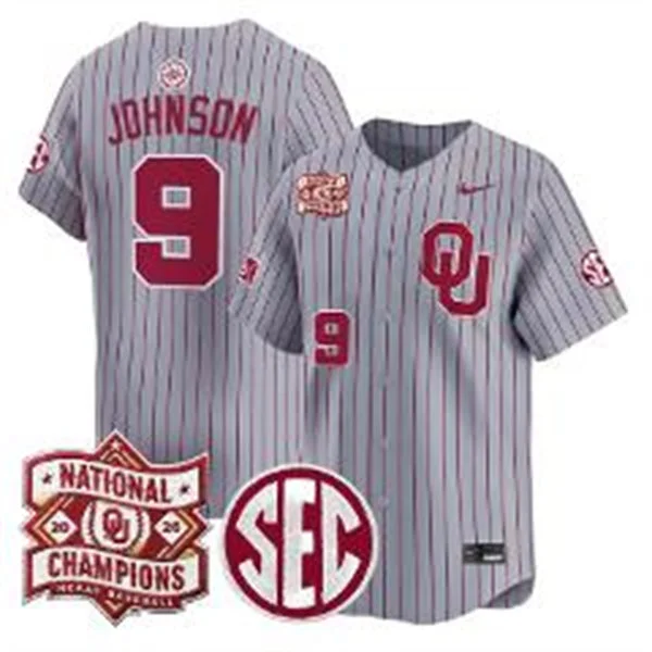 Oklahoma Sooners #9 Camden Johnson Gray Pinstripe 2026 NCAA Baseball Men's College World Series Champions Jersey