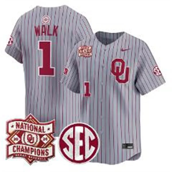 Oklahoma Sooners #1 Jason Walk Gray Pinstripe 2026 NCAA Baseball Men's College World Series Champions Jersey
