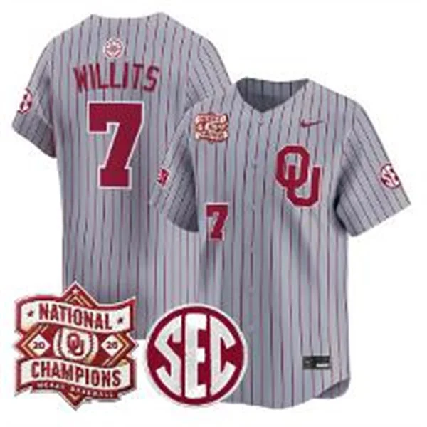 Oklahoma Sooners #7 Jaxon Willits Gray Pinstripe 2026 NCAA Baseball Men's College World Series Champions Jersey
