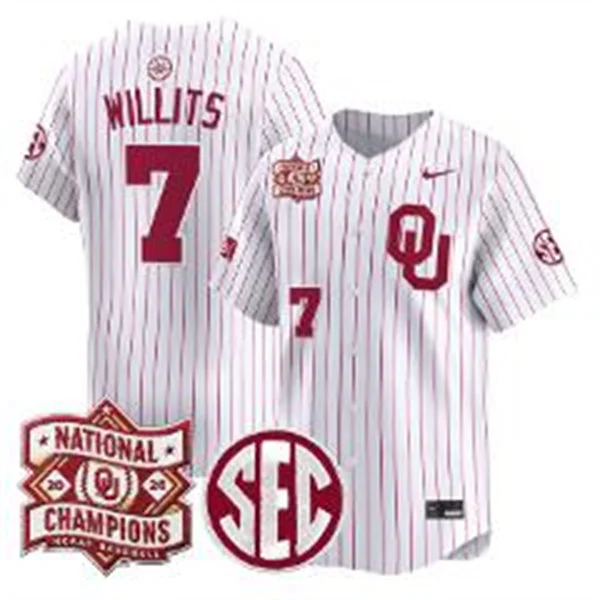 Oklahoma Sooners #7 Jaxon Willits White Pinstripe 2026 NCAA Baseball Men's College World Series Champions Jersey