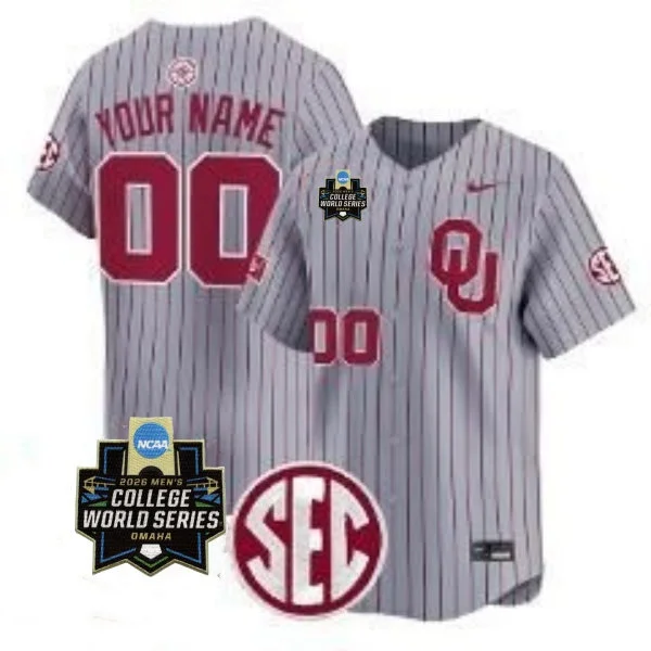Oklahoma Sooners Custtom Gray Pinstripe 2026 College Baseball World Series Game Jersey