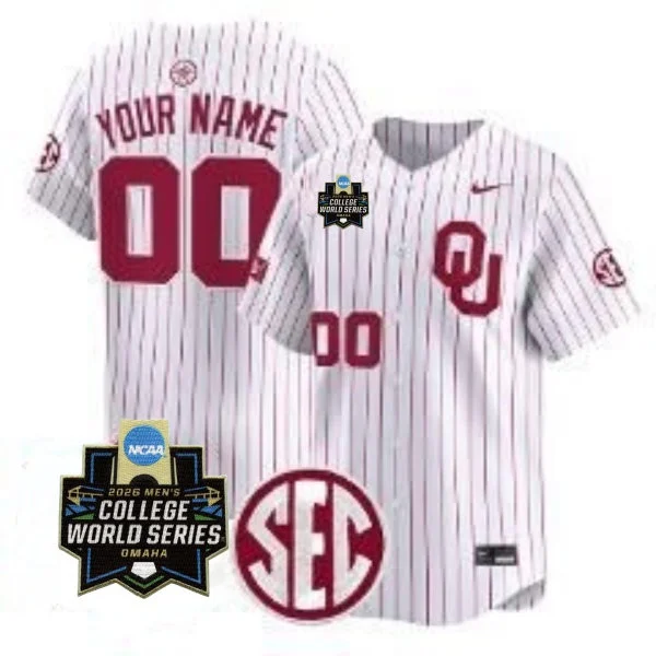 Oklahoma Sooners Custtom White Pinstripe 2026 College Baseball World Series Game Jersey