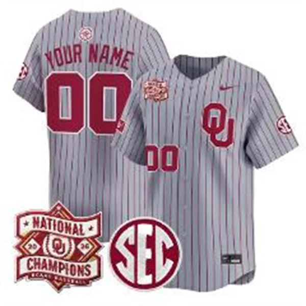 Oklahoma Sooners Custtom Gray Pinstripe 2026 NCAA Baseball Men's College World Series Champions Jersey