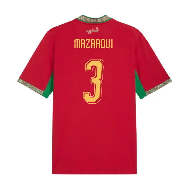 Mens Morocco National Team #3 Noussair Mazraoui Home Red 2026 FIFA World Cup Soccer Jersey