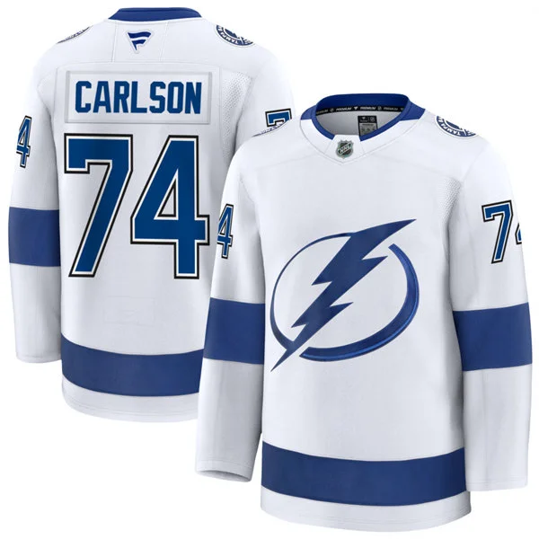 Mens Tampa Bay Lightning #74 John Carlson Fanatics White Away Premium Jersey