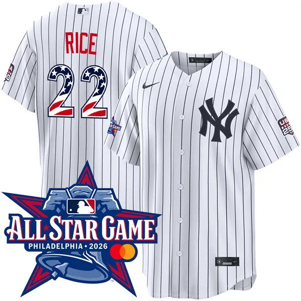 Mens New York Yankees #22 Ben Rice Nike White Pinstripe with Name 2026 All-Star Edition Stars & Stripes Stadium Jersey