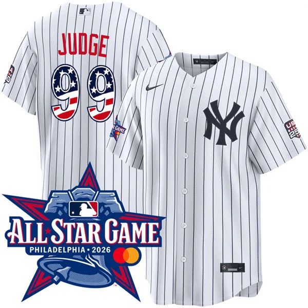Mens New York Yankees #99 Aaron Judge Nike White Pinstripe with Name 2026 All-Star Edition Stars & Stripes Stadium Jersey