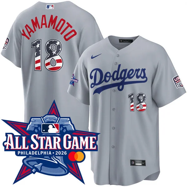 Mens Los Angeles Dodgers #18 Yoshinobu Yamamoto Nike Gray 2026 All-Star Edition Stars & Stripes Stadium Jersey