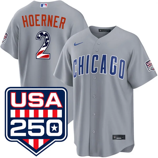 Mens Chicago Cubs #2 Nico Hoerner Nike Gray USA 250 Fourth of July Home Stadium Jersey