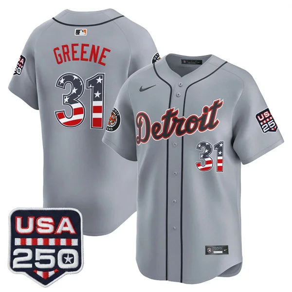 Men's Detroit Tigers #31 Riley Greene Nike Gray USA 250 Fourth of July Road Stadium Jersey