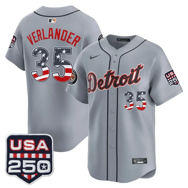 Men's Detroit Tigers #35 Justin Verlander Nike Gray USA 250 Fourth of July Road Stadium Jersey
