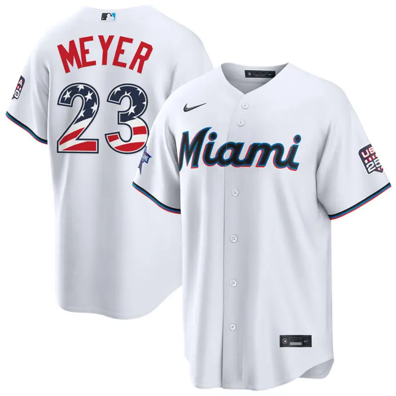 Mens Miami Marlins #23 Max Meyer White 2026 All-Star Edition Stars & Stripes Stadium Jersey
