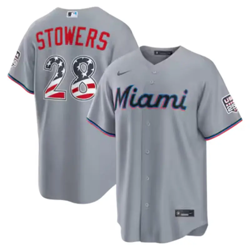 Mens Miami Marlins #28 Kyle Stowers Gray USA 250 Fourth of July Home Stadium Jersey
