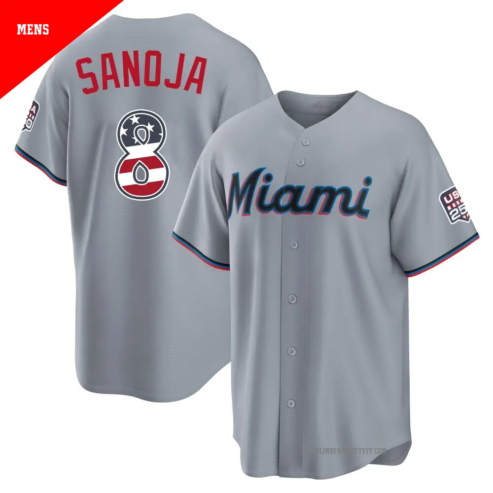 Mens Miami Marlins #8 Javier Sanoja Gray USA 250 Fourth of July Home Stadium Jersey