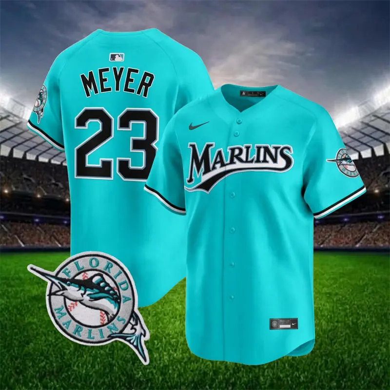 Mens Miami Marlins #23 Max Meyer 2026 Aqua Throwback Limited Jersey