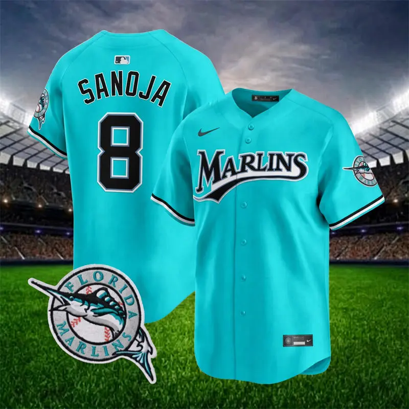 Mens Miami Marlins #8 Javier Sanoja 2026 Aqua Throwback Limited Jersey