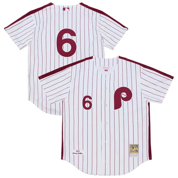 Mens Philadelphia Phillies #6 Jimmy Rollins White Pinstripe 2003 Cooperstown Collection Jersey