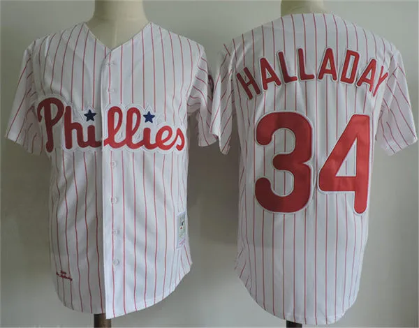 Mens Philadelphia Phillies #34 Roy Halladay White Pinstripe 2010 Cooperstown Throwback Jersey