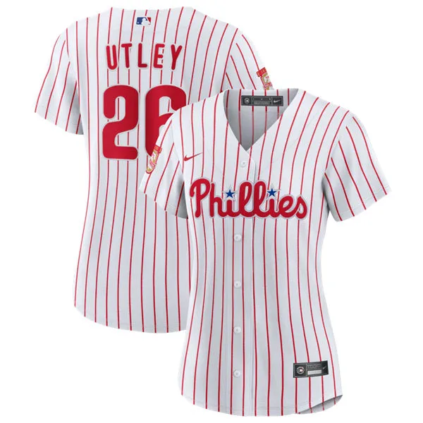 Womens Philadelphia Phillies #26 Chase Utley Nike White Pinstripe Home Limited Jersey