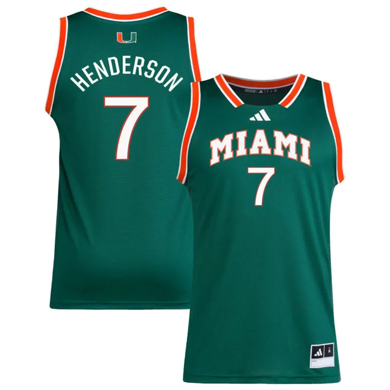 Miami Hurricanes #7 Shelton Henderson 2026 Green Miami Basketball Game Jersey