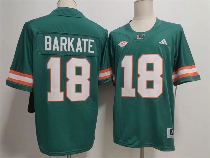 Miami Hurricanes #18 Cooper Barkate 2026 Green Football Game Jersey