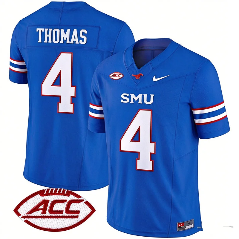 SMU Mustangs #4 Jayvon Thomas 2026 Royal Football Game Jersey