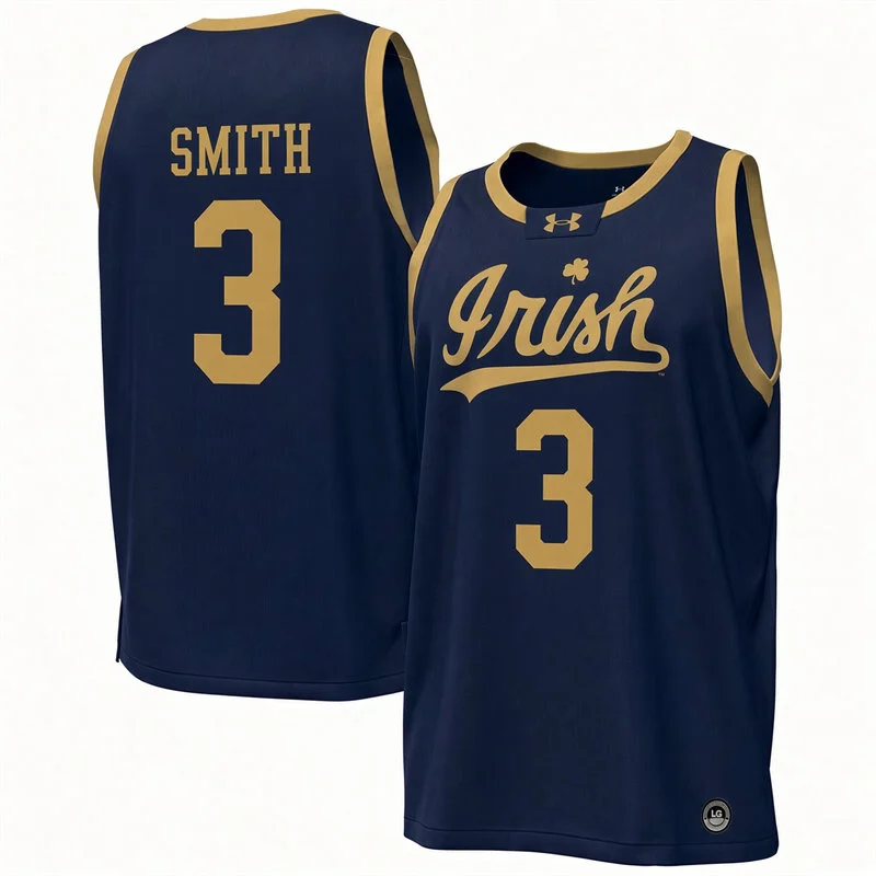 Notre Dame Fighting Irish #3 Braeden Smith Navy Irish College Basketball Game Jersey