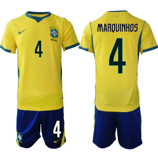 Mens Brazil #4 Marquinhos Home Yellow 2026 FIFA World Cup Soccer Jersey Kit