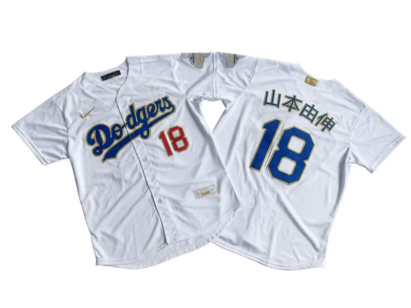 Mens Los Angeles Dodgers #18 Yoshinobu Yamamoto Kanji Name Nike 2026 White Gold Collection Stadium Limited Jersey