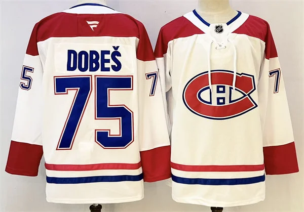 Mens Montreal Canadiens #75 Jakub Dobes Fanatics White Away Premium Jersey