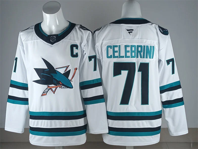 Mens San Jose Sharks #71 Macklin Celebrini Fanatics White Away Premium Jersey