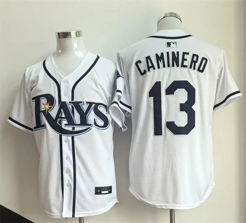 Mens Tampa Bay Rays #13 Junior Caminero Nike White Home Limited Jersey