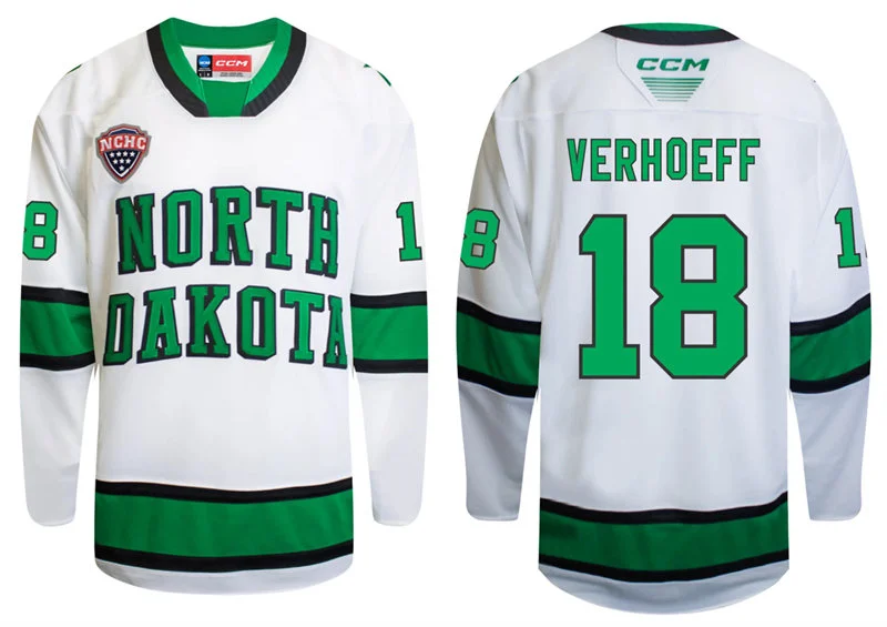 North Dakota Fighting Hawks #18 Keaton Verhoeff 2026 White North Dakota College Hockey Game Jersey